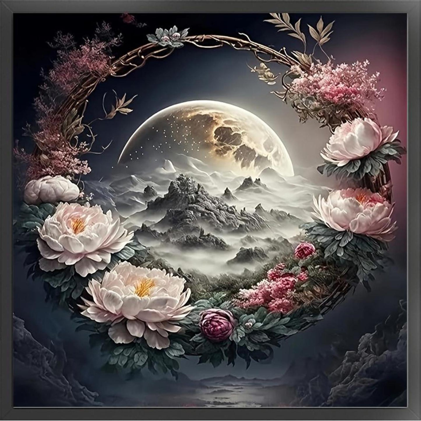 Peony And Moon - Full 11CT Stamped Cross Stitch 45x45CM - Huacan