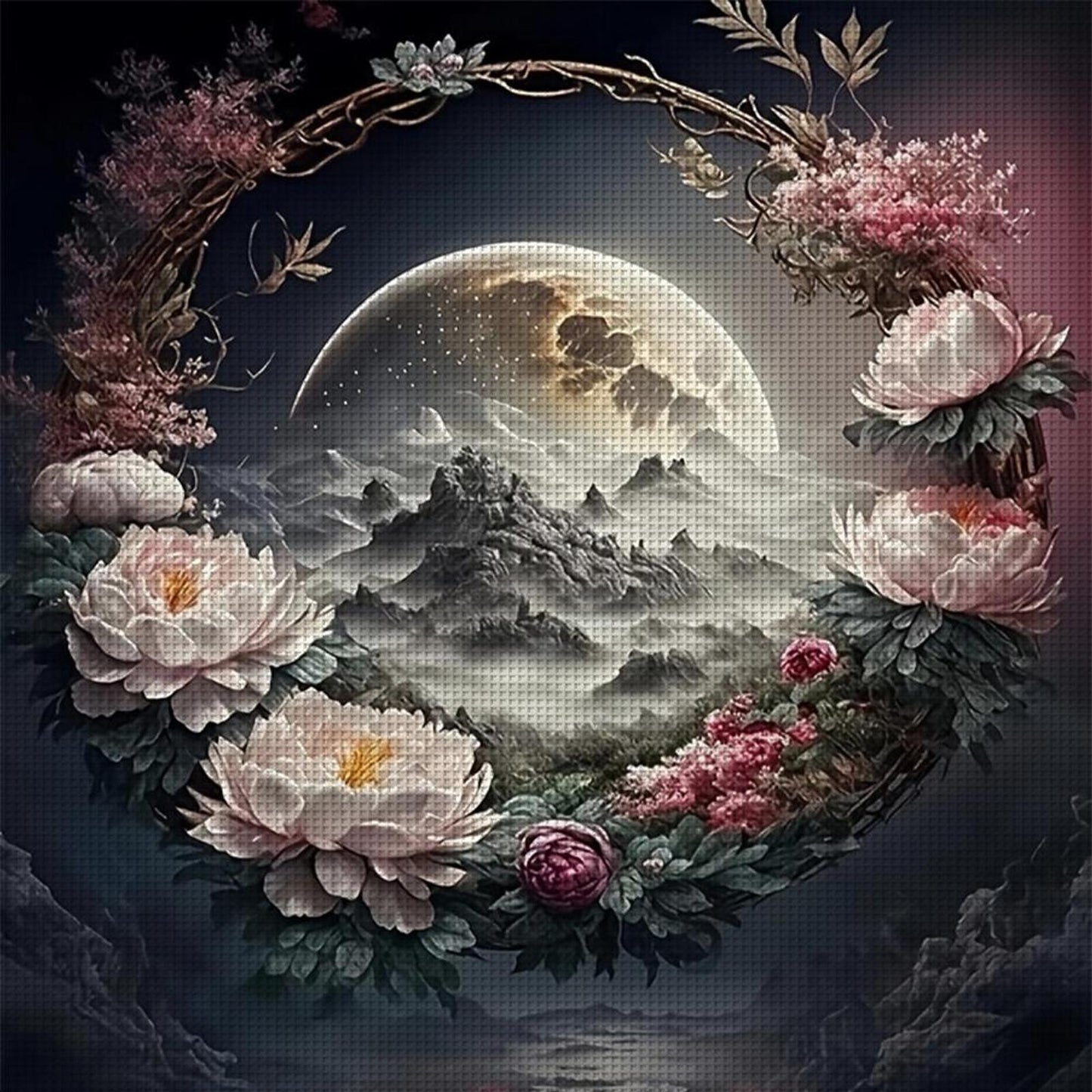 Peony And Moon - Full 11CT Stamped Cross Stitch 45x45CM - Huacan