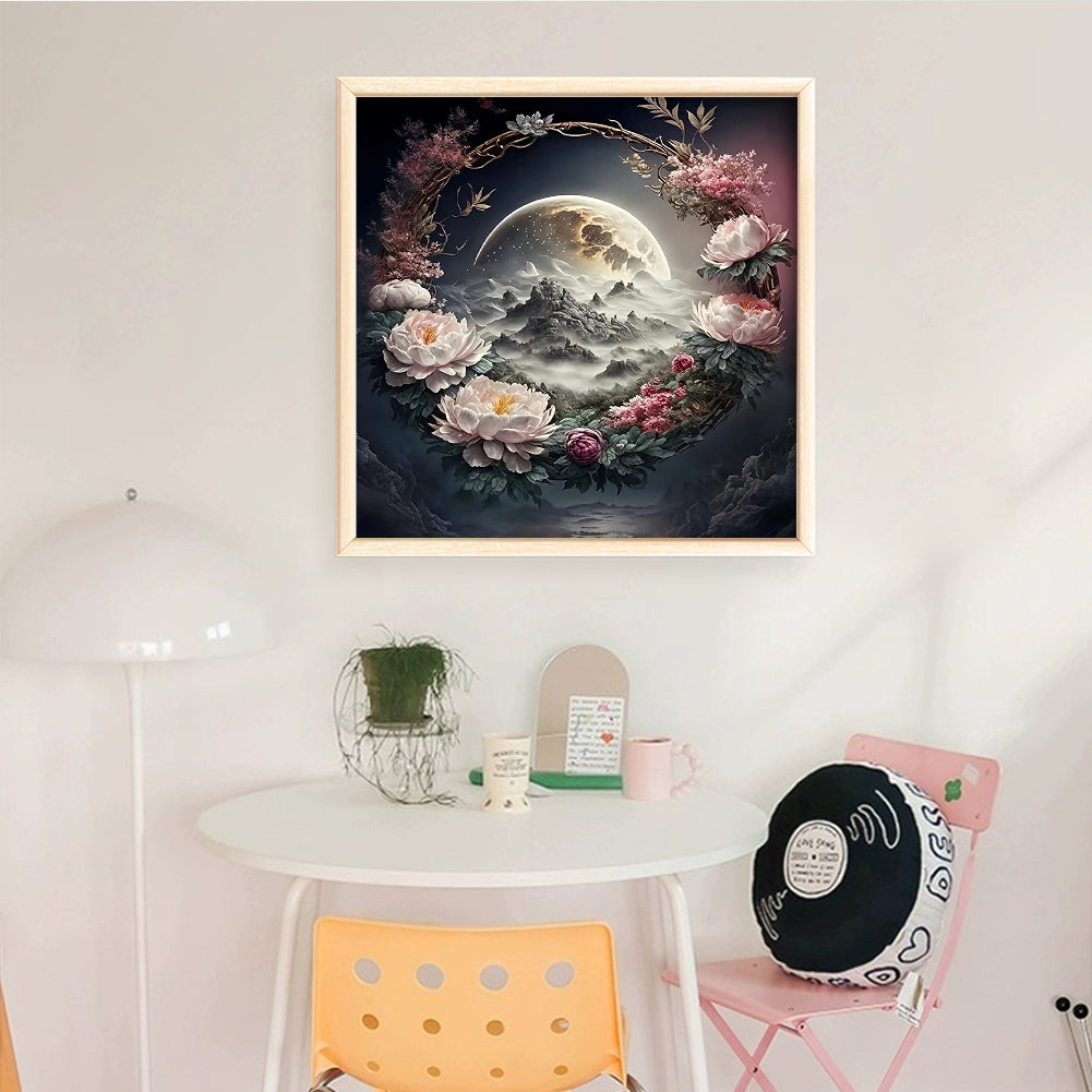 Peony And Moon - Full 11CT Stamped Cross Stitch 45x45CM - Huacan