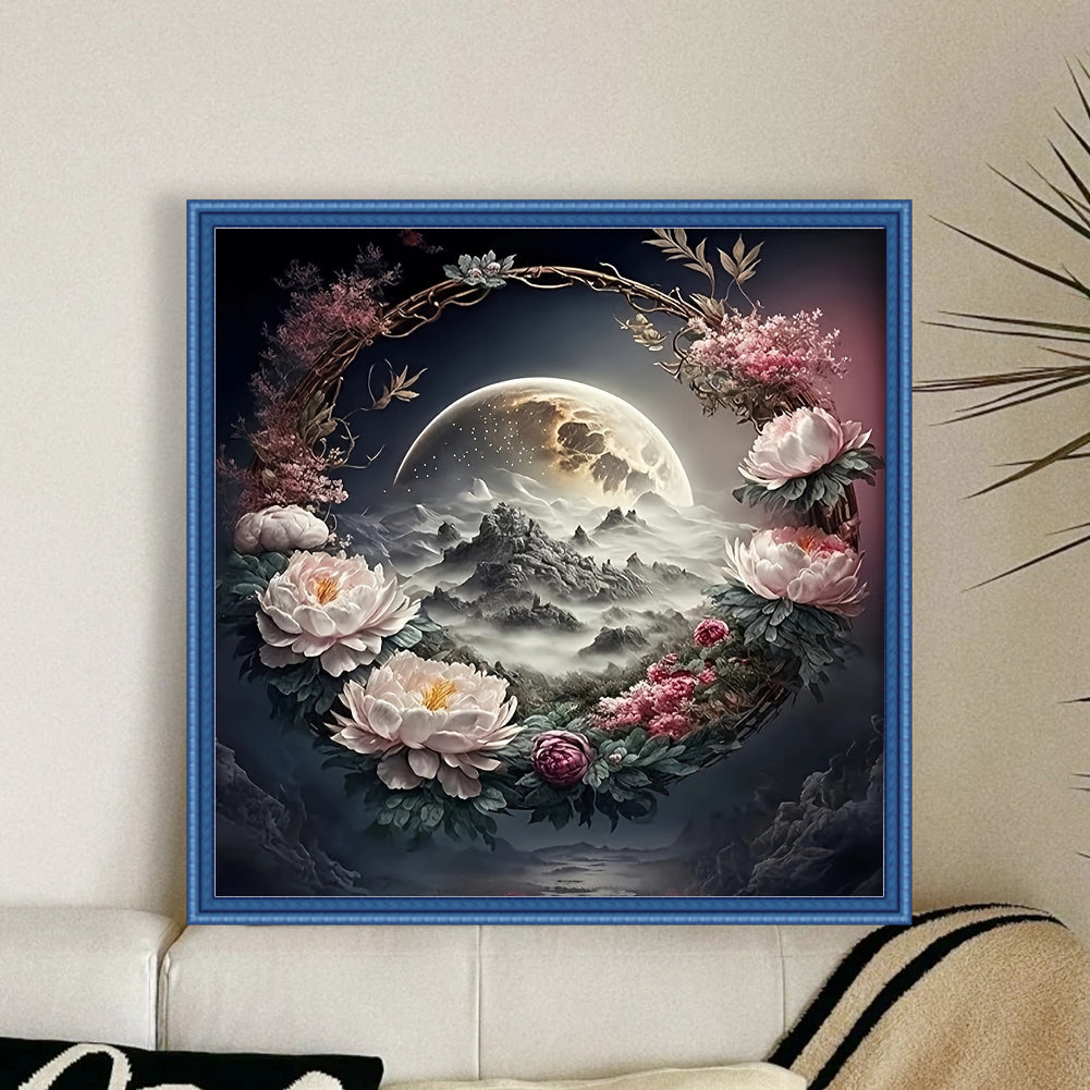 Peony And Moon - Full 11CT Stamped Cross Stitch 45x45CM - Huacan