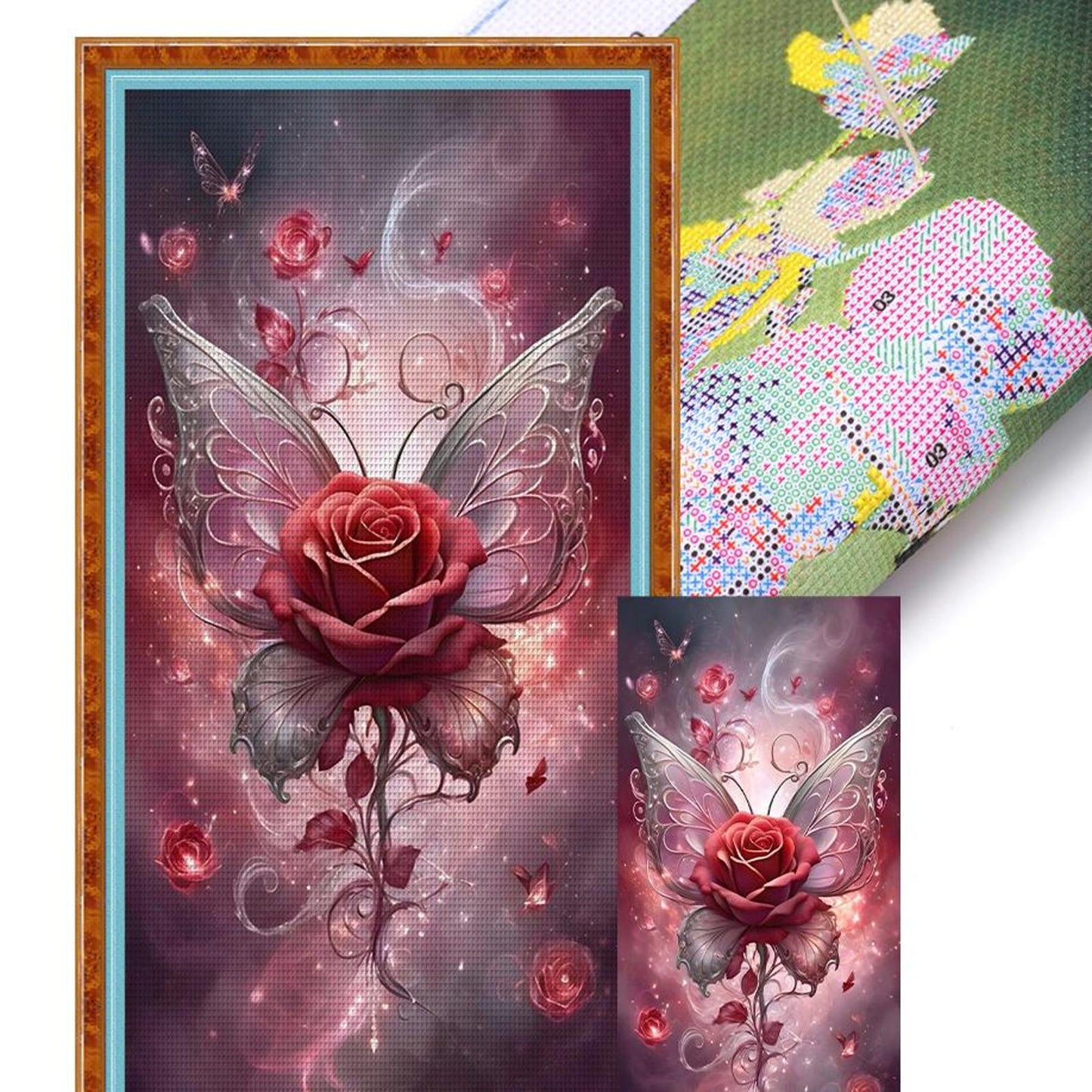 Red Butterfly And Rose - Full 11CT Stamped Cross Stitch 40x80CM - Yishu
