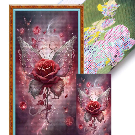Red Butterfly And Rose - Full 11CT Stamped Cross Stitch 40x80CM - Yishu