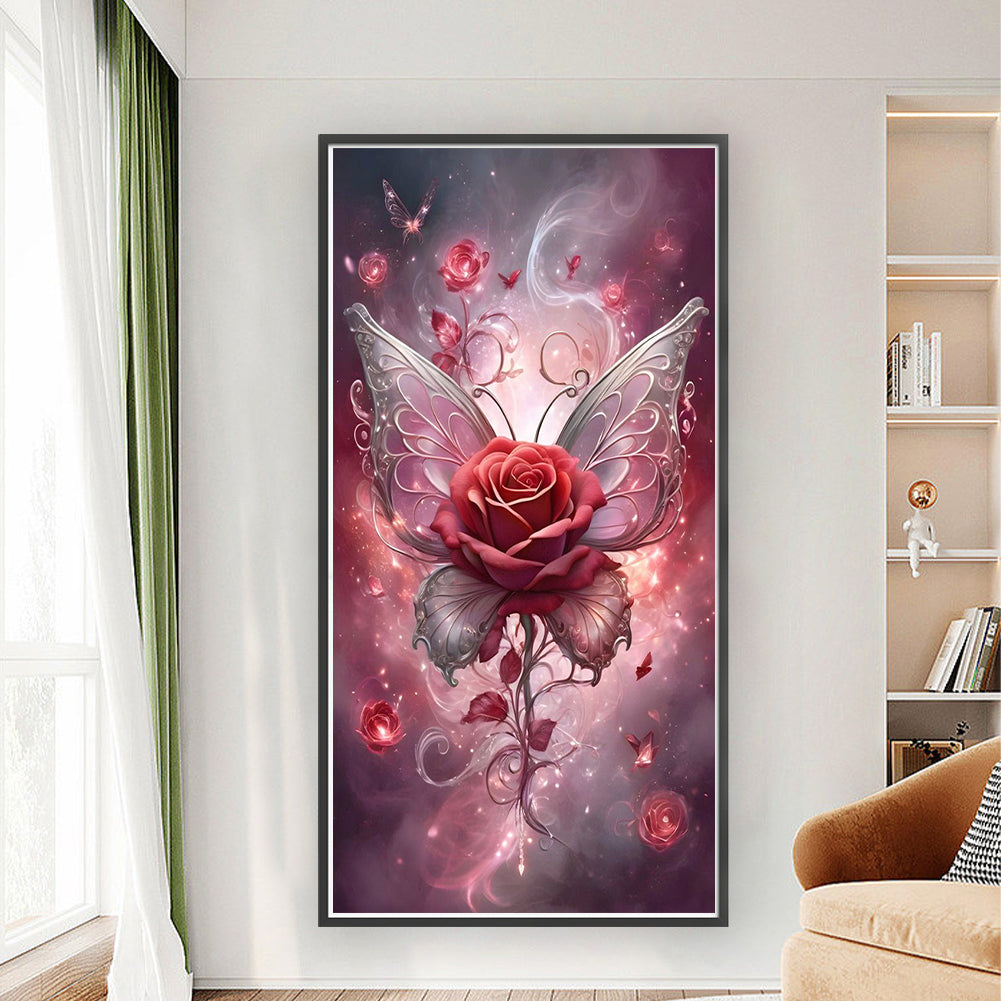 Red Butterfly And Rose - Full 11CT Stamped Cross Stitch 40x80CM - Yishu