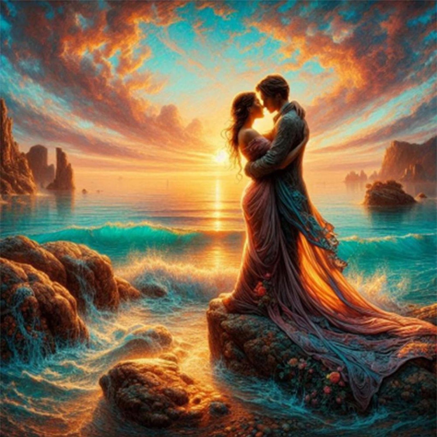 Lovers By The Sea - Full 11CT Stamped Cross Stitch 40x40CM - Huacan