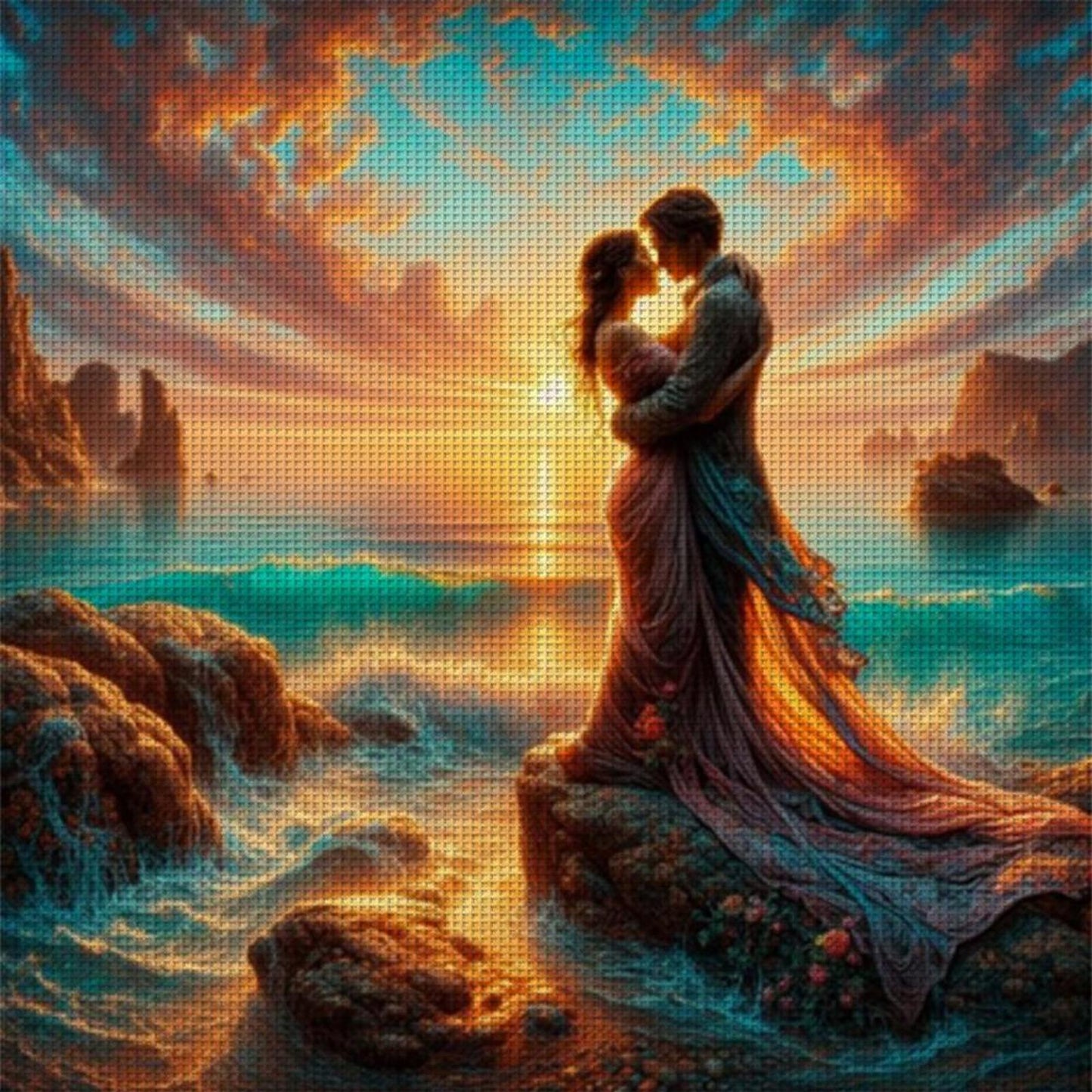 Lovers By The Sea - Full 11CT Stamped Cross Stitch 40x40CM - Huacan