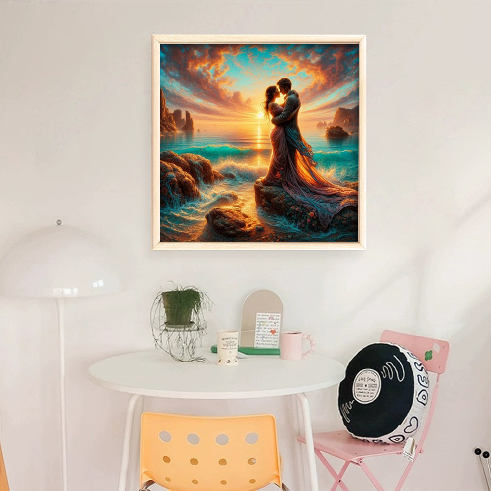 Lovers By The Sea - Full 11CT Stamped Cross Stitch 40x40CM - Huacan