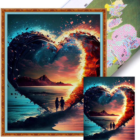 Lovers With Heart On Beach - Full 11CT Stamped Cross Stitch 40x50CM - Huacan