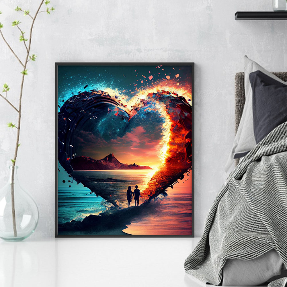 Lovers With Heart On Beach - Full 11CT Stamped Cross Stitch 40x50CM - Huacan