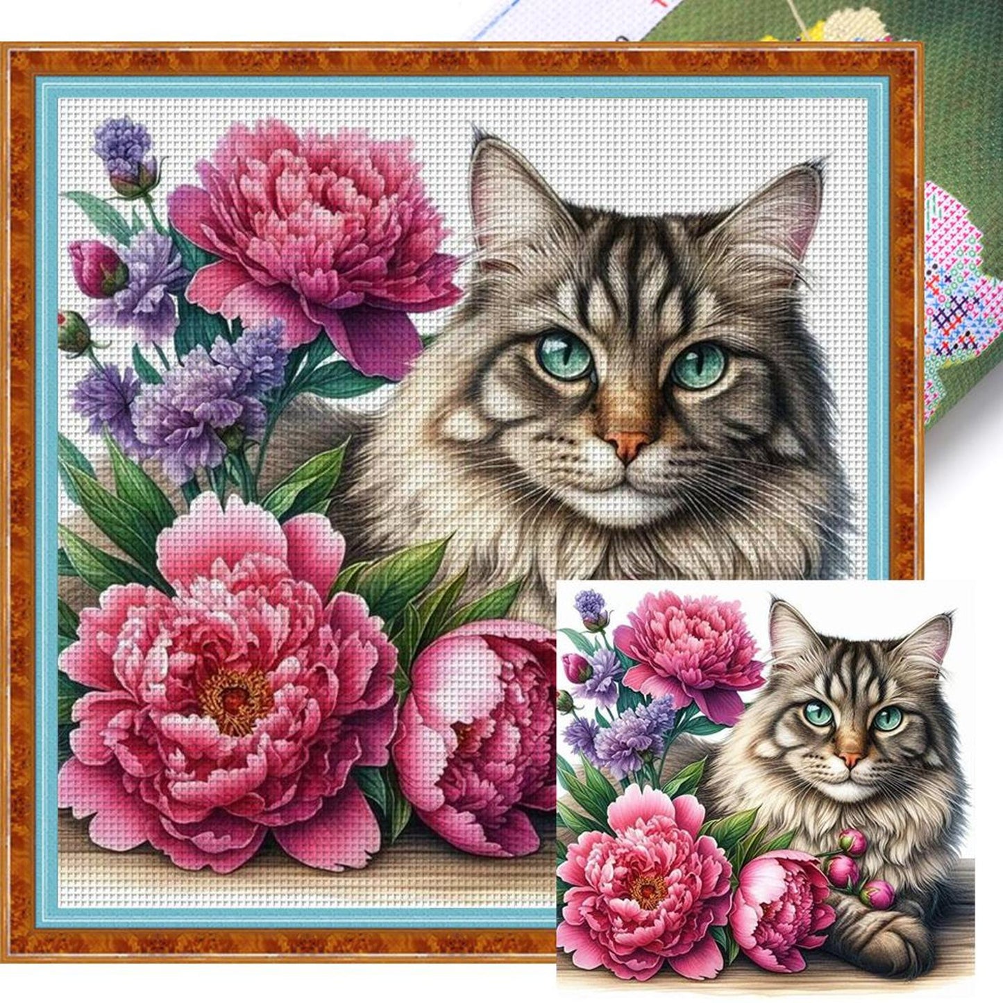 Cat And Peony - Full 11CT Stamped Cross Stitch 40x40CM - Huacan