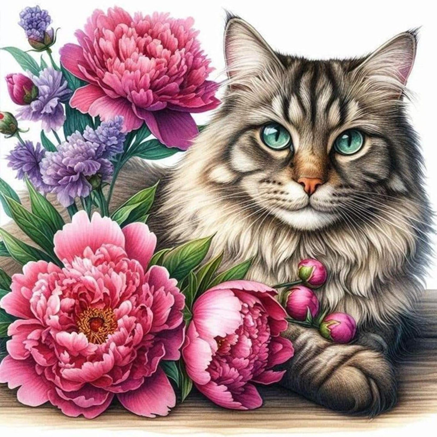Cat And Peony - Full 11CT Stamped Cross Stitch 40x40CM - Huacan