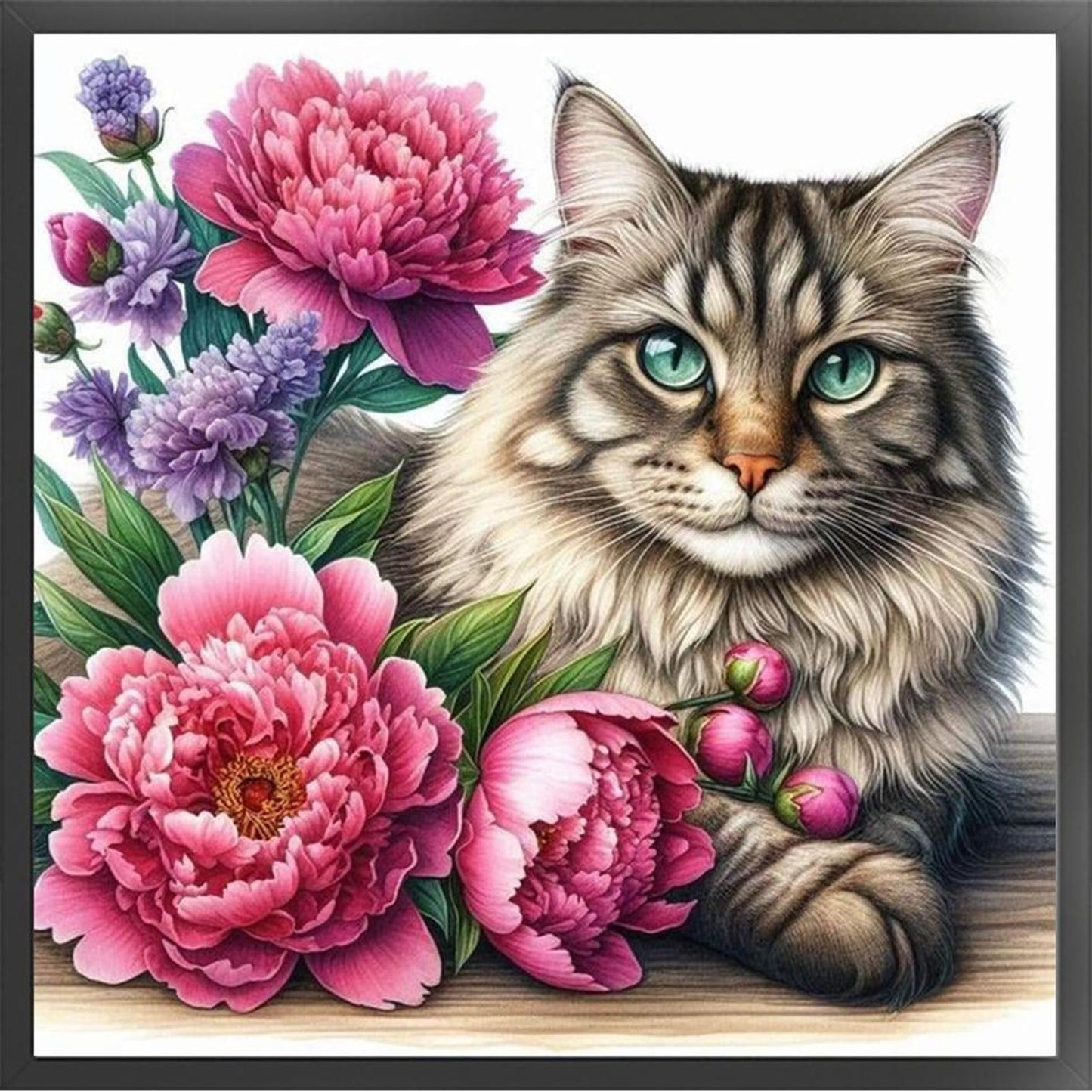 Cat And Peony - Full 11CT Stamped Cross Stitch 40x40CM - Huacan