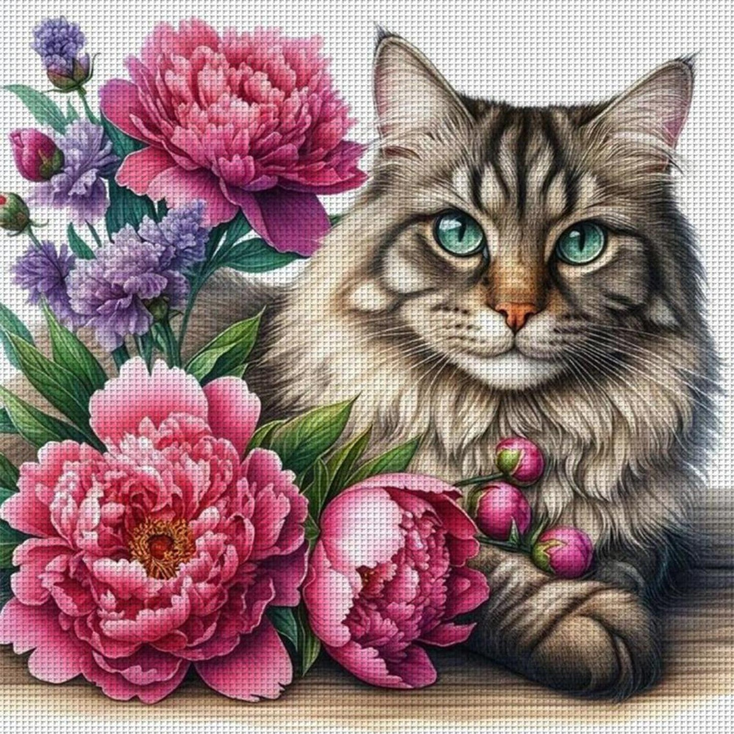 Cat And Peony - Full 11CT Stamped Cross Stitch 40x40CM - Huacan