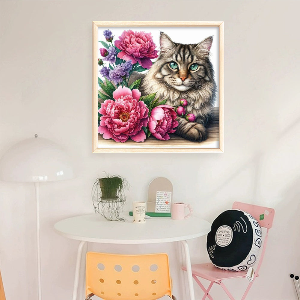 Cat And Peony - Full 11CT Stamped Cross Stitch 40x40CM - Huacan