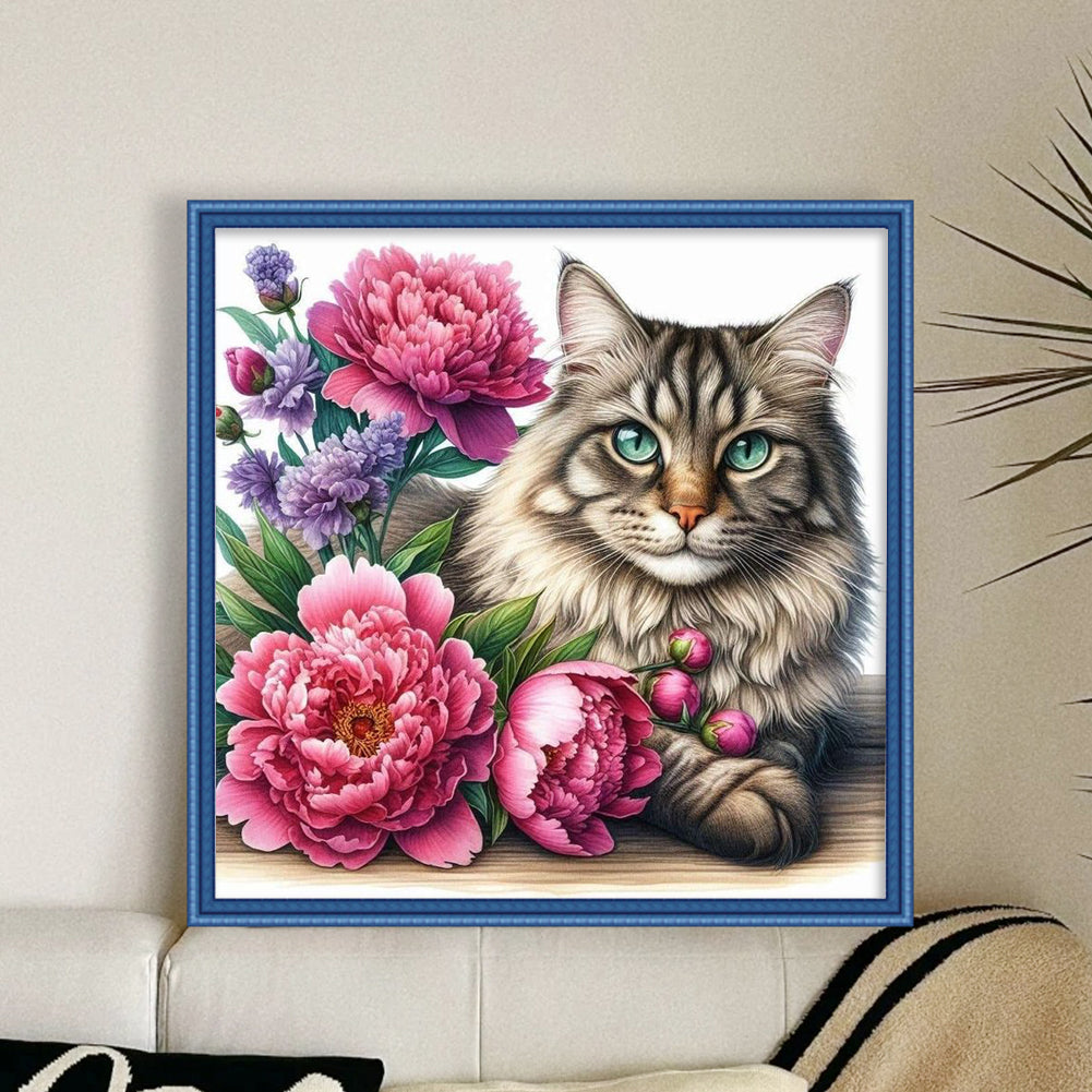 Cat And Peony - Full 11CT Stamped Cross Stitch 40x40CM - Huacan