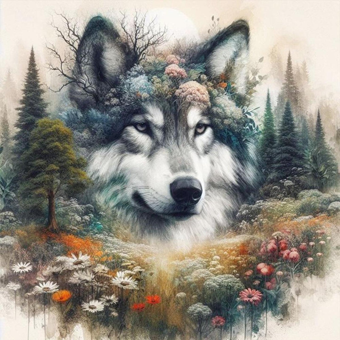 Wolf Silhouette - Full 11CT Stamped Cross Stitch 45x45CM - Huacan