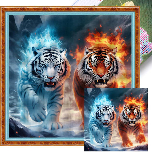 Fire And Ice Twin Tigers - Full 11CT Stamped Cross Stitch 45x45CM - Huacan