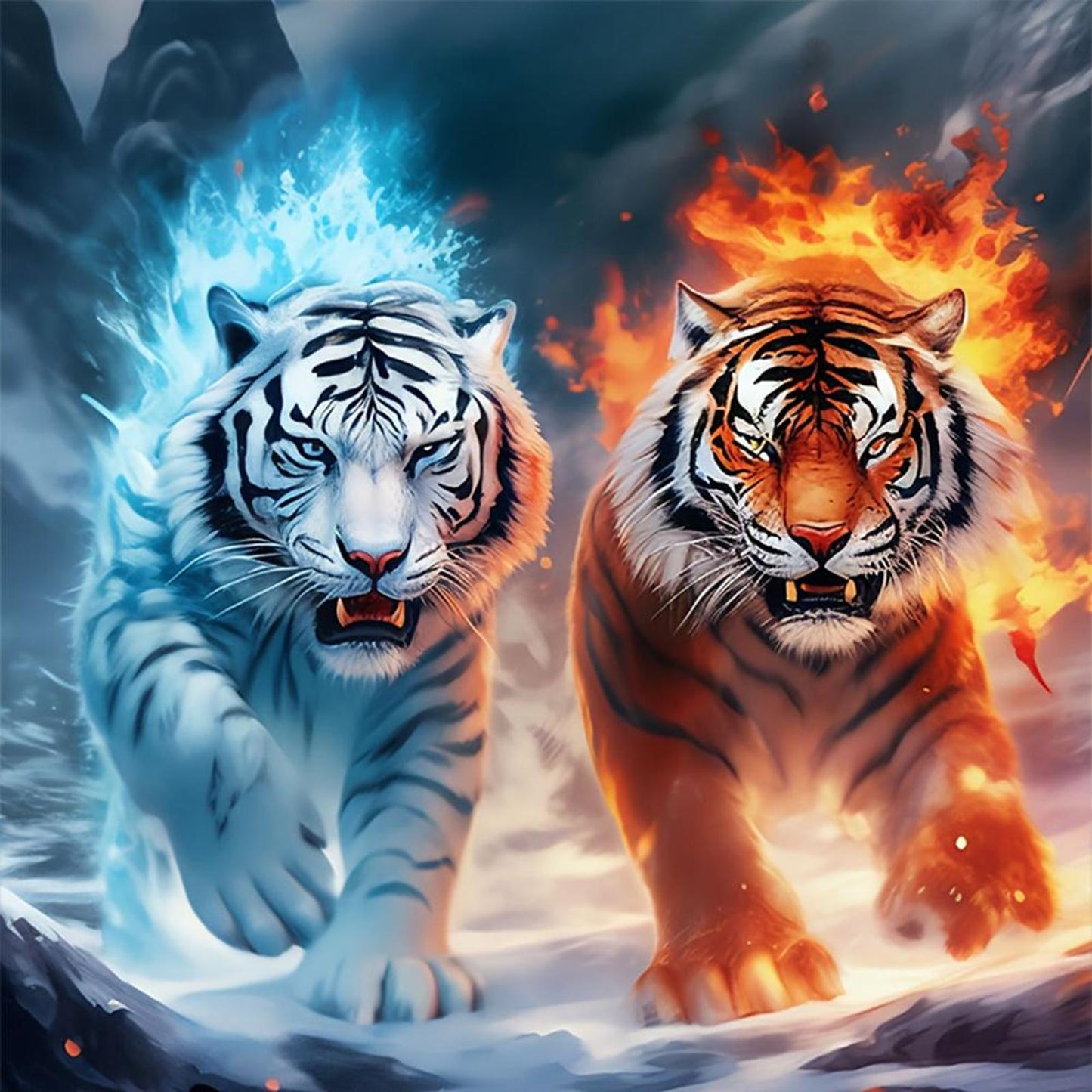 Fire And Ice Twin Tigers - Full 11CT Stamped Cross Stitch 45x45CM - Huacan