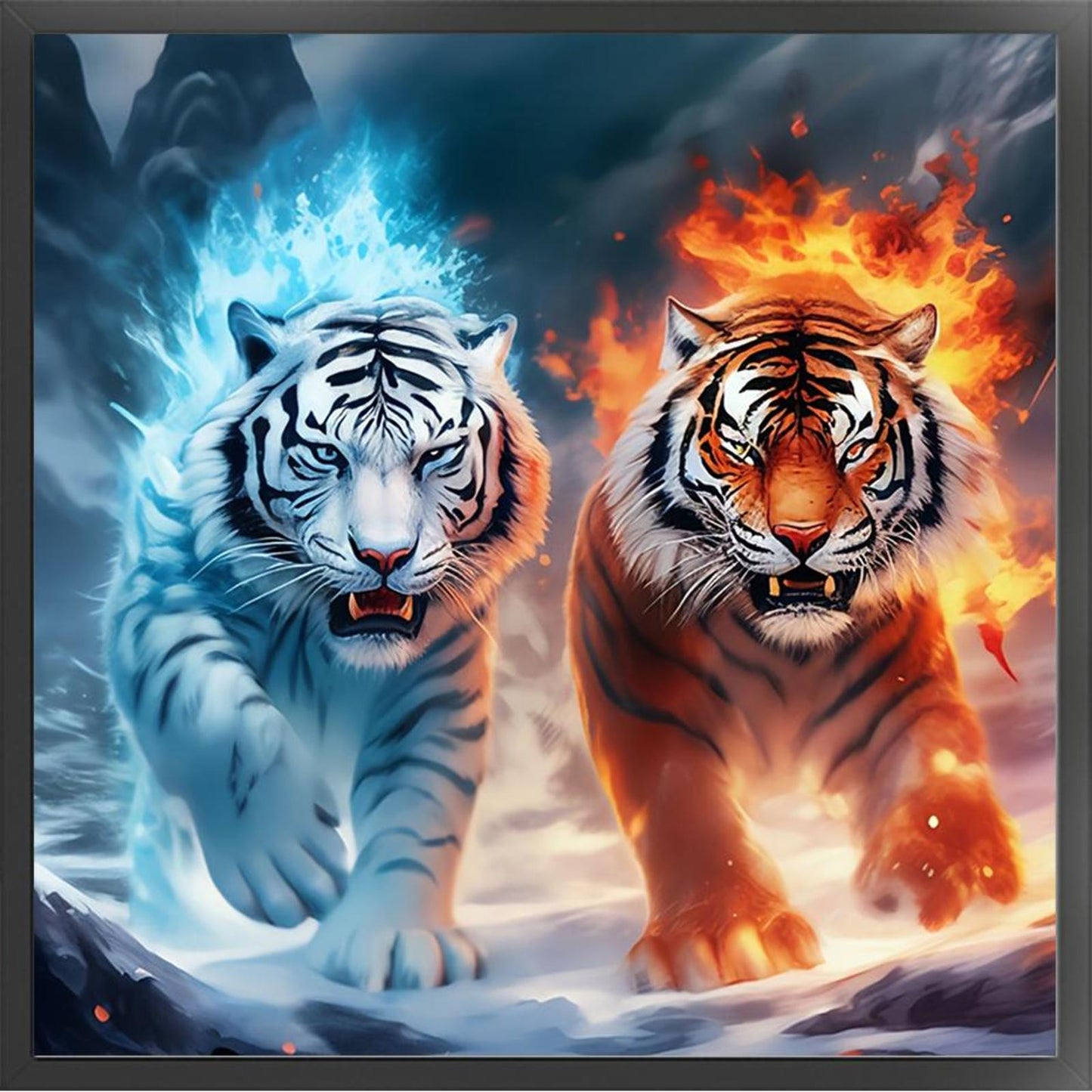 Fire And Ice Twin Tigers - Full 11CT Stamped Cross Stitch 45x45CM - Huacan
