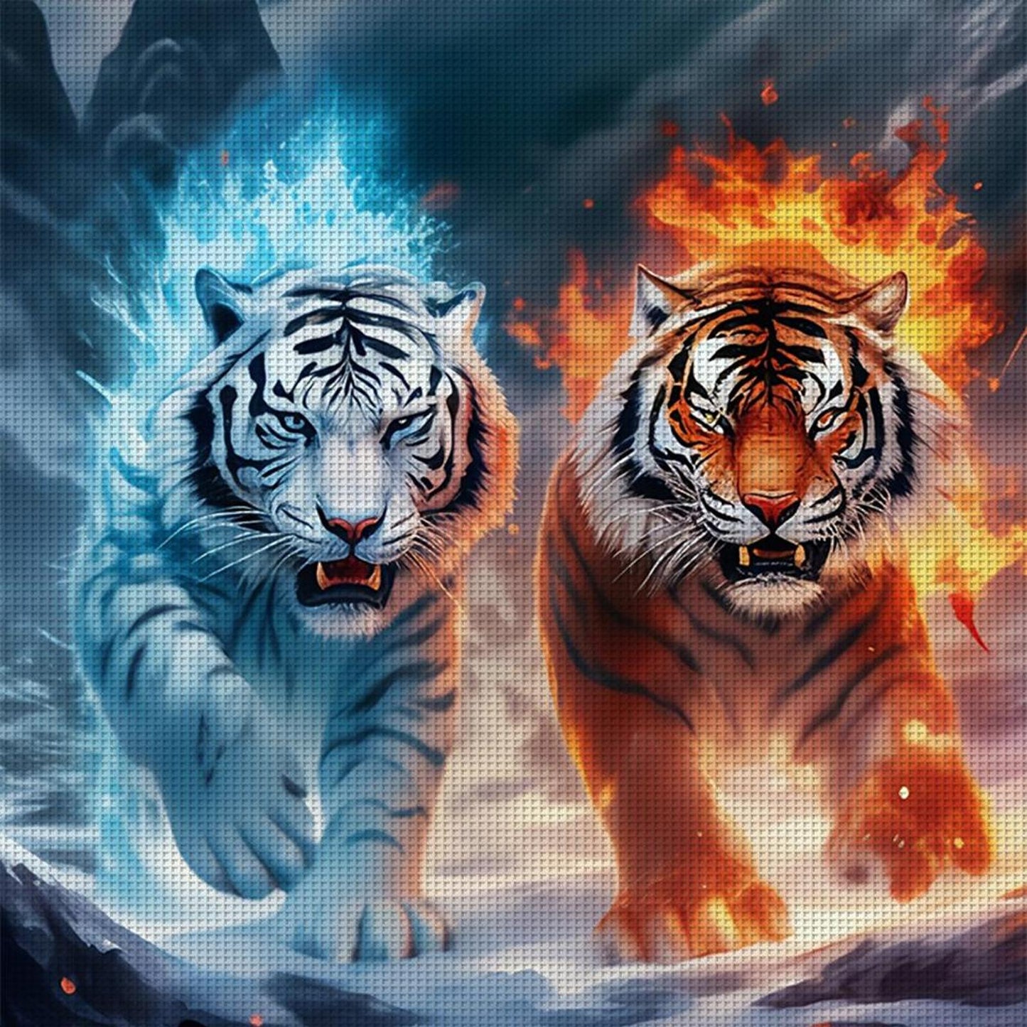 Fire And Ice Twin Tigers - Full 11CT Stamped Cross Stitch 45x45CM - Huacan