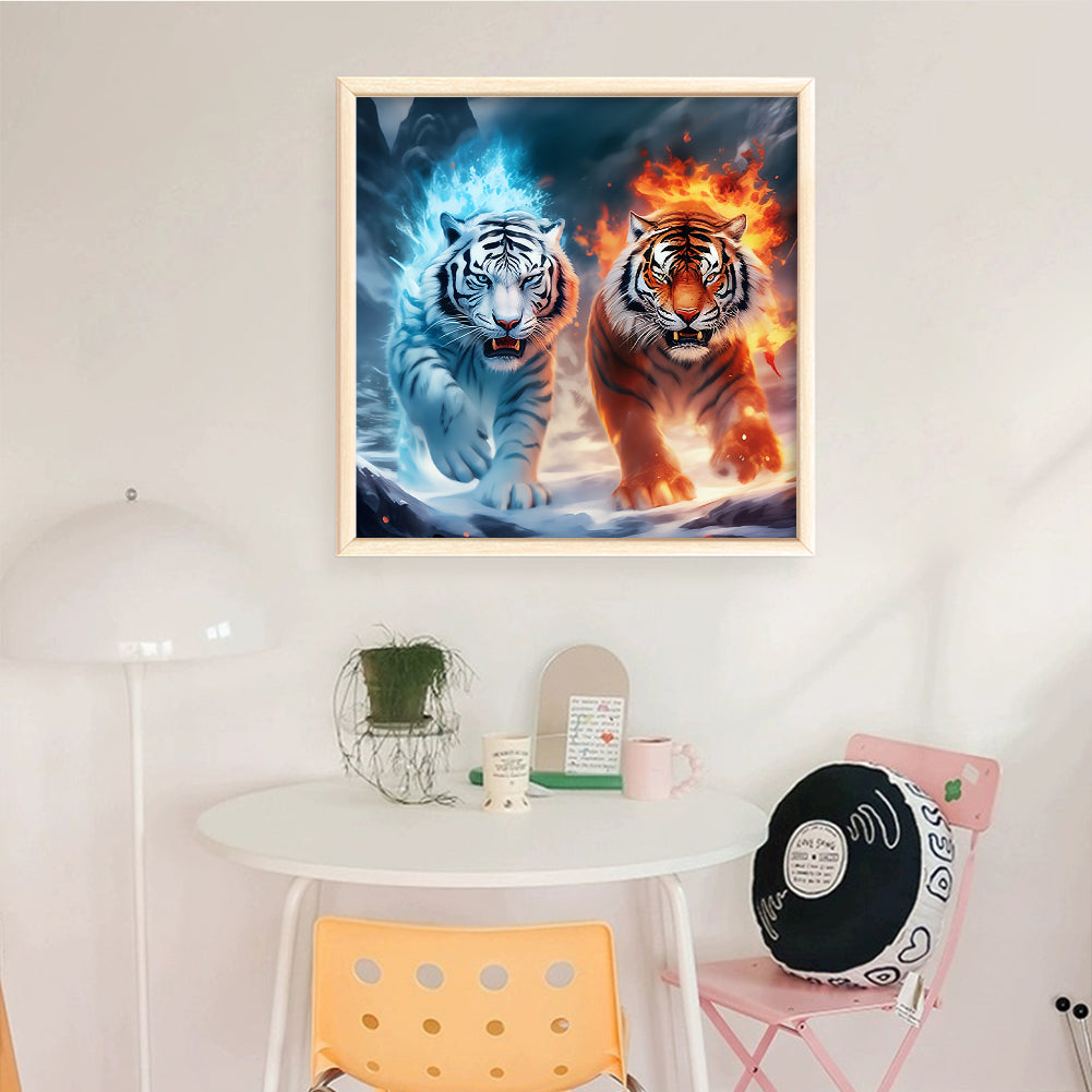 Fire And Ice Twin Tigers - Full 11CT Stamped Cross Stitch 45x45CM - Huacan