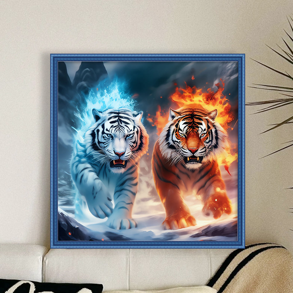 Fire And Ice Twin Tigers - Full 11CT Stamped Cross Stitch 45x45CM - Huacan