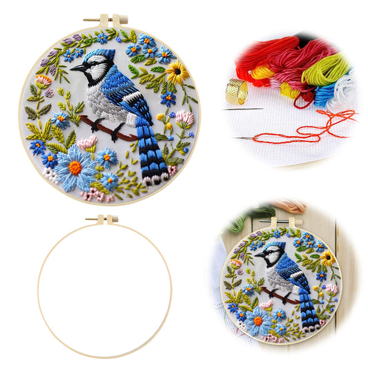 Blue Bird - DIY Embroidery Cross Stitch Kit with Pattern Cotton Threads Needles Hoop 30x30CM/11.81x11.81in