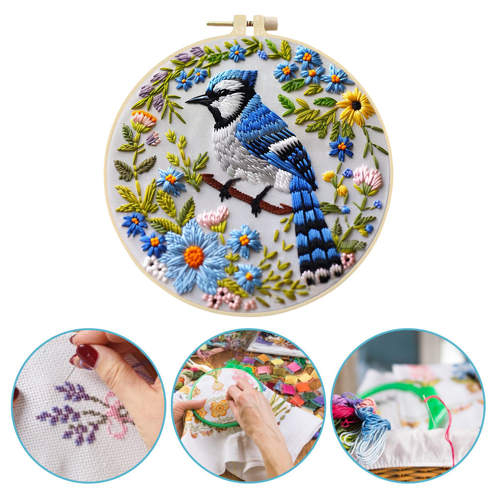 Blue Bird - DIY Embroidery Cross Stitch Kit with Pattern Cotton Threads Needles Hoop 30x30CM/11.81x11.81in