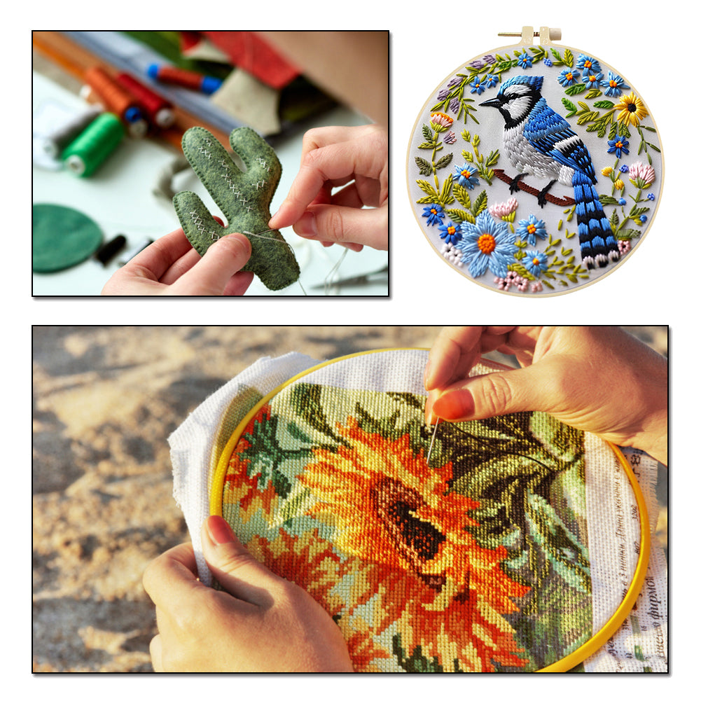 Blue Bird - DIY Embroidery Cross Stitch Kit with Pattern Cotton Threads Needles Hoop 30x30CM/11.81x11.81in