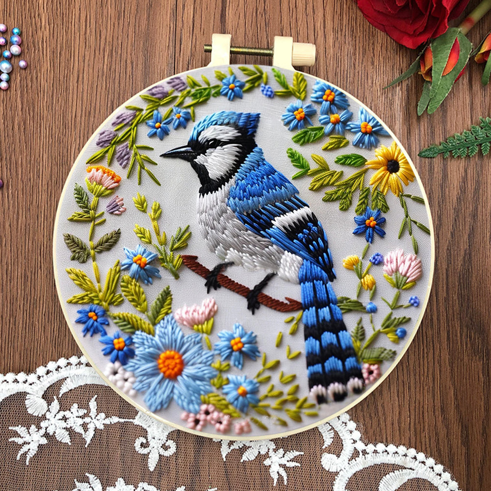 Blue Bird - DIY Embroidery Cross Stitch Kit with Pattern Cotton Threads Needles Hoop 30x30CM/11.81x11.81in