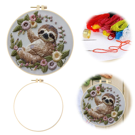 Sloth - DIY Embroidery Cross Stitch Kit with Pattern Cotton Threads Needles Hoop 30x30CM/11.81x11.81in