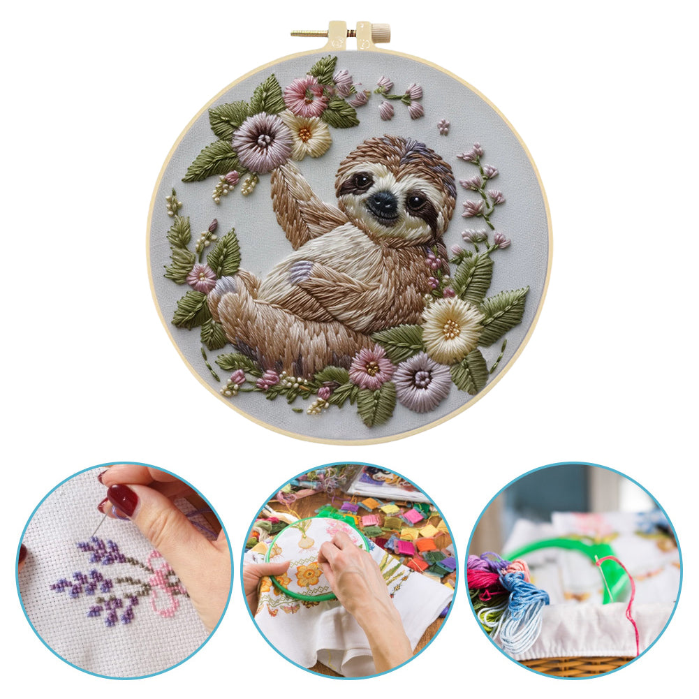 Sloth - DIY Embroidery Cross Stitch Kit with Pattern Cotton Threads Needles Hoop 30x30CM/11.81x11.81in
