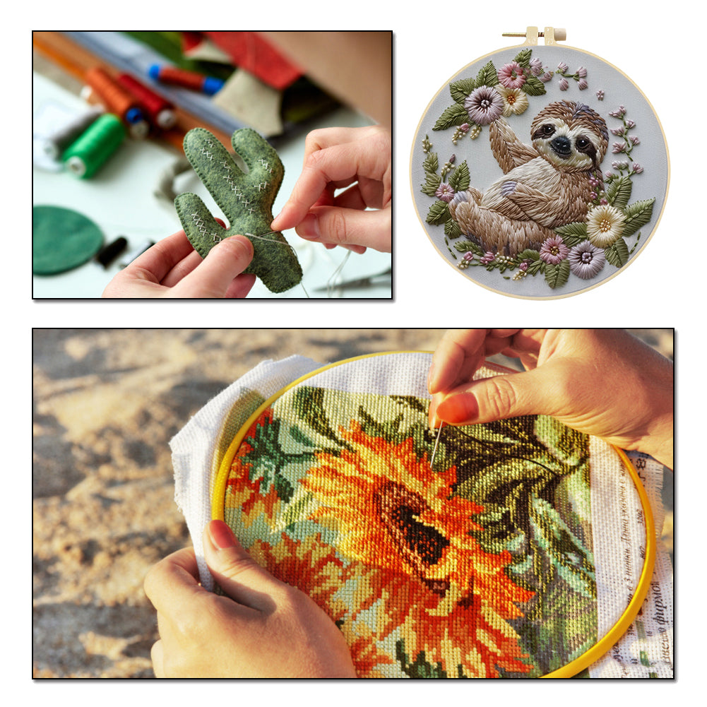 Sloth - DIY Embroidery Cross Stitch Kit with Pattern Cotton Threads Needles Hoop 30x30CM/11.81x11.81in