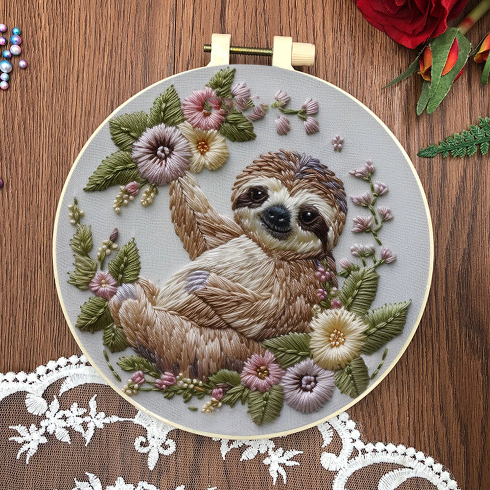 Sloth - DIY Embroidery Cross Stitch Kit with Pattern Cotton Threads Needles Hoop 30x30CM/11.81x11.81in