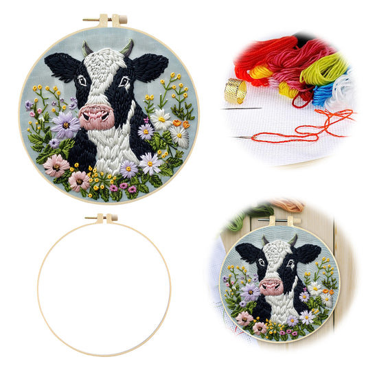 Cow - DIY Embroidery Cross Stitch Kit with Pattern Cotton Threads Needles Hoop 30x30CM/11.81x11.81in