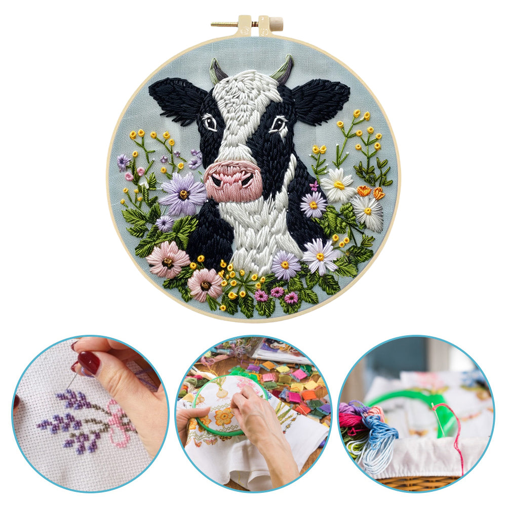 Cow - DIY Embroidery Cross Stitch Kit with Pattern Cotton Threads Needles Hoop 30x30CM/11.81x11.81in