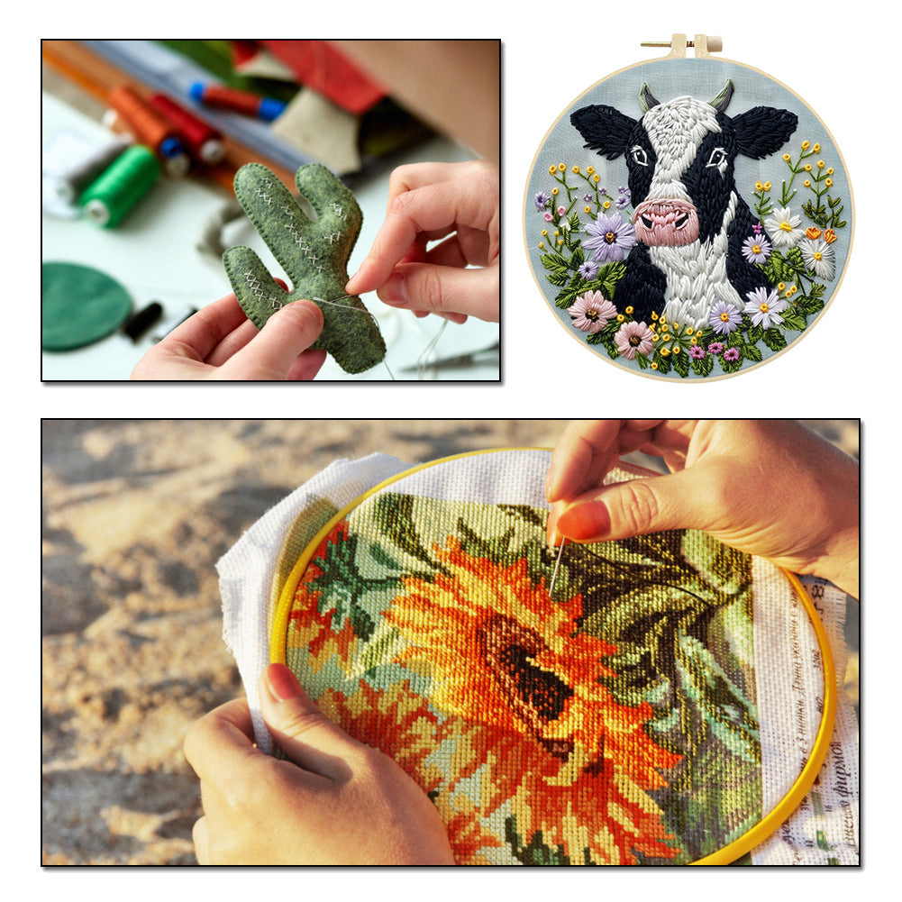 Cow - DIY Embroidery Cross Stitch Kit with Pattern Cotton Threads Needles Hoop 30x30CM/11.81x11.81in