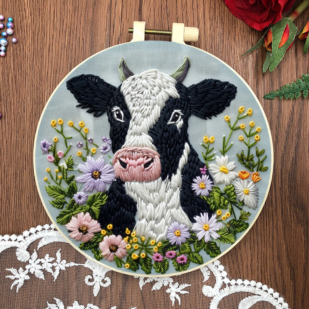 Cow - DIY Embroidery Cross Stitch Kit with Pattern Cotton Threads Needles Hoop 30x30CM/11.81x11.81in