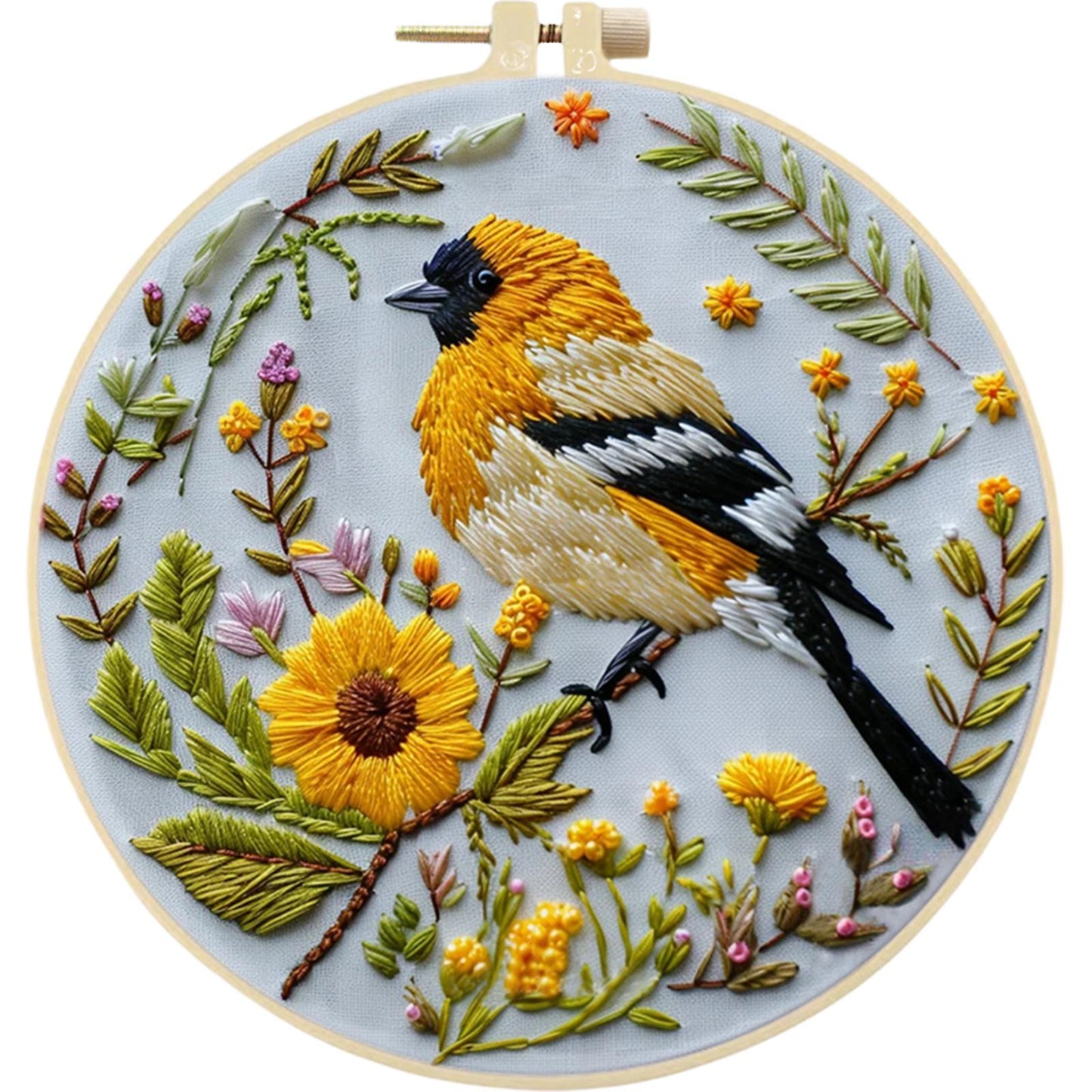Yellow Bird - DIY Embroidery Cross Stitch Kit with Pattern Cotton Threads Needles Hoop 30x30CM/11.81x11.81in