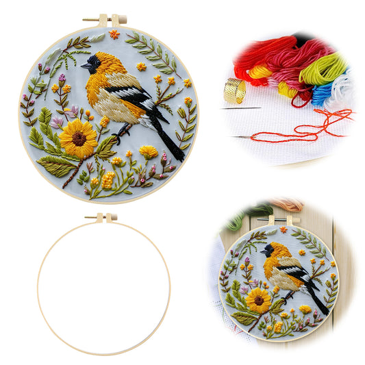 Yellow Bird - DIY Embroidery Cross Stitch Kit with Pattern Cotton Threads Needles Hoop 30x30CM/11.81x11.81in