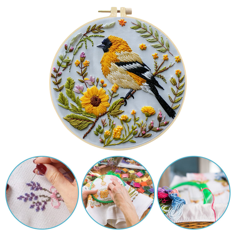Yellow Bird - DIY Embroidery Cross Stitch Kit with Pattern Cotton Threads Needles Hoop 30x30CM/11.81x11.81in