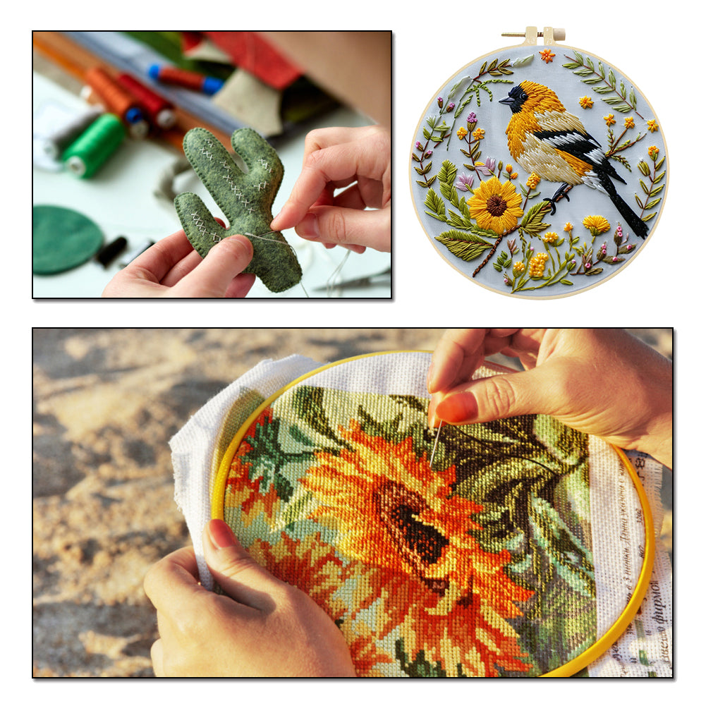 Yellow Bird - DIY Embroidery Cross Stitch Kit with Pattern Cotton Threads Needles Hoop 30x30CM/11.81x11.81in