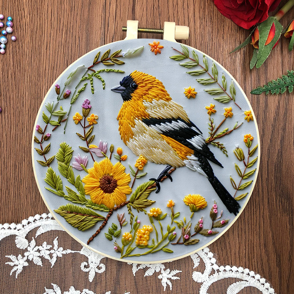 Yellow Bird - DIY Embroidery Cross Stitch Kit with Pattern Cotton Threads Needles Hoop 30x30CM/11.81x11.81in