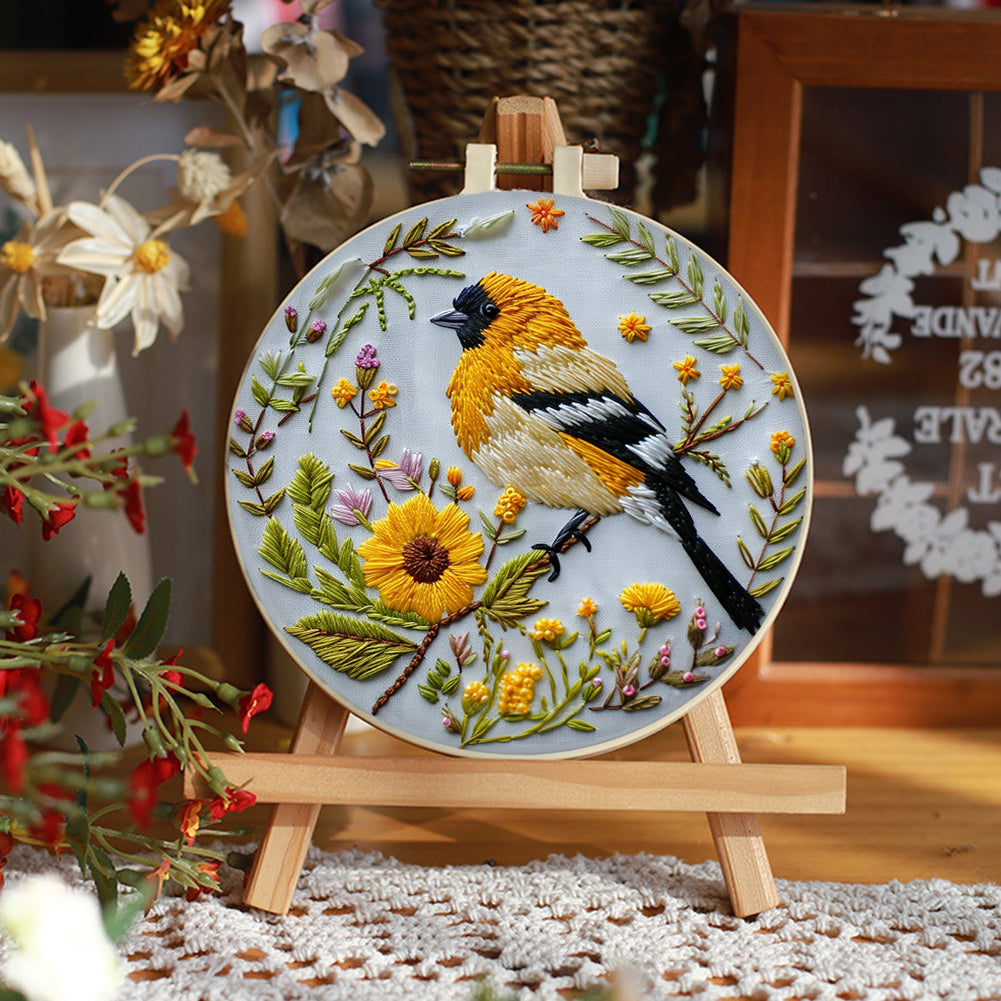 Yellow Bird - DIY Embroidery Cross Stitch Kit with Pattern Cotton Threads Needles Hoop 30x30CM/11.81x11.81in