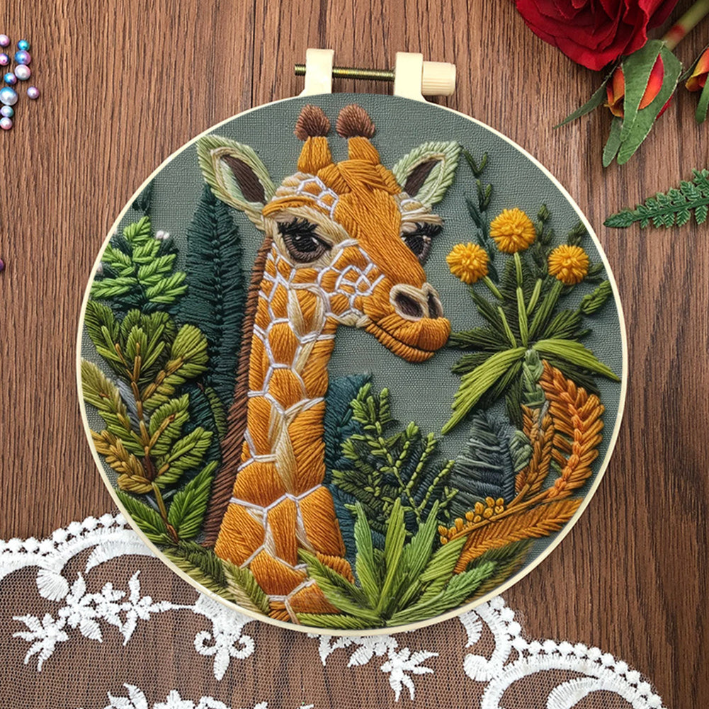 Giraffe - DIY Embroidery Cross Stitch Kit with Pattern Cotton Threads Needles Hoop 30x30CM/11.81x11.81in