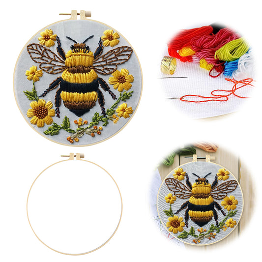 Bee - DIY Embroidery Cross Stitch Kit with Pattern Cotton Threads Needles Hoop 30x30CM/11.81x11.81in