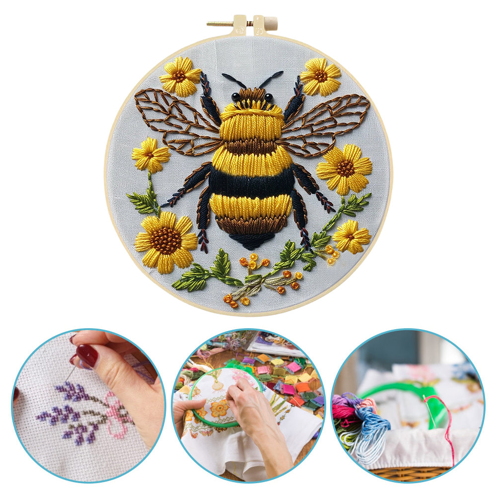 Bee - DIY Embroidery Cross Stitch Kit with Pattern Cotton Threads Needles Hoop 30x30CM/11.81x11.81in