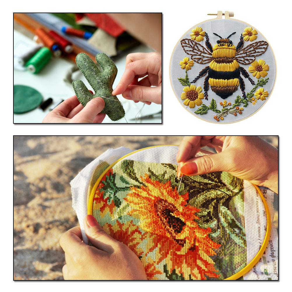Bee - DIY Embroidery Cross Stitch Kit with Pattern Cotton Threads Needles Hoop 30x30CM/11.81x11.81in
