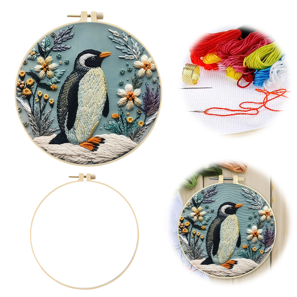 Penguin - DIY Embroidery Cross Stitch Kit with Pattern Cotton Threads Needles Hoop 30x30CM/11.81x11.81in