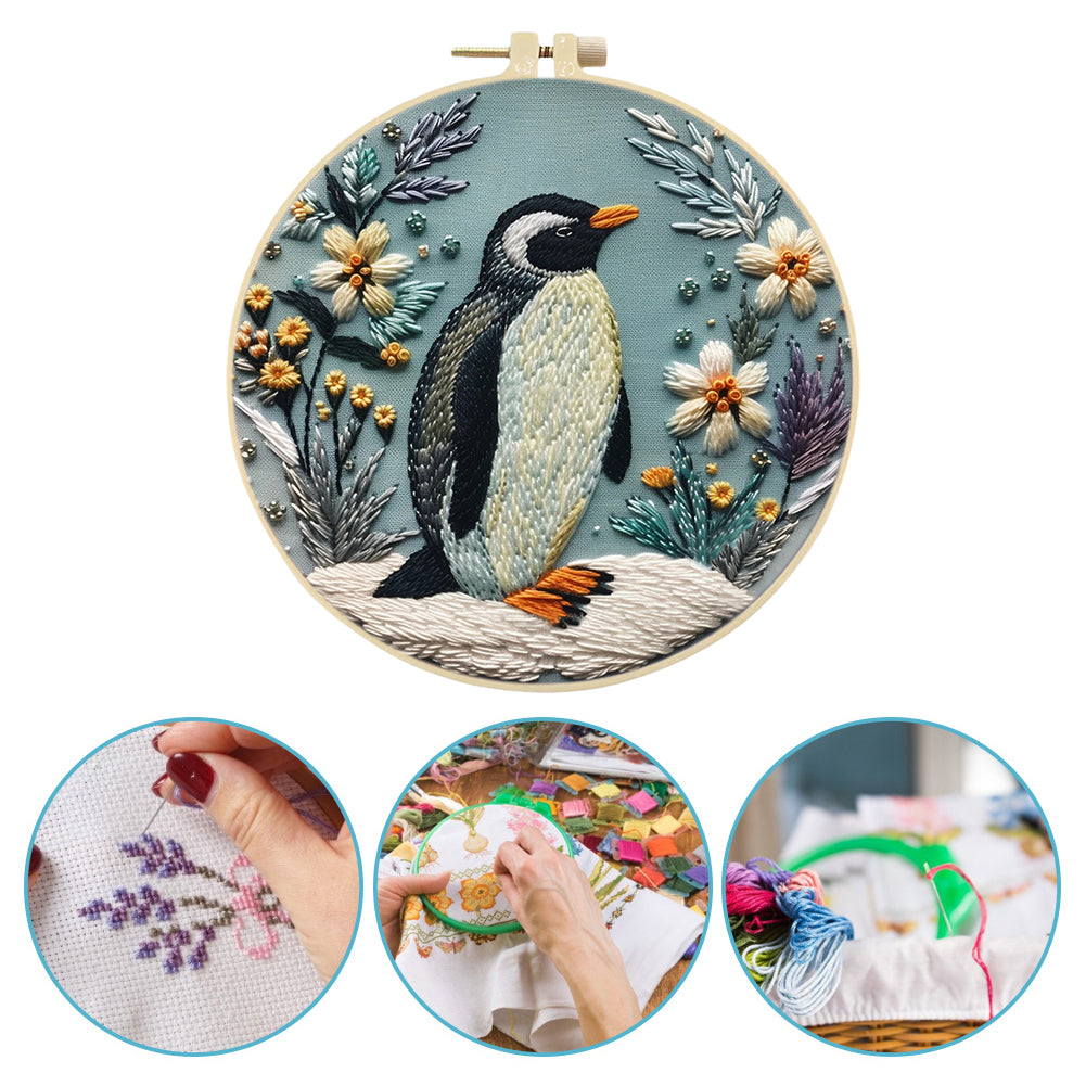 Penguin - DIY Embroidery Cross Stitch Kit with Pattern Cotton Threads Needles Hoop 30x30CM/11.81x11.81in