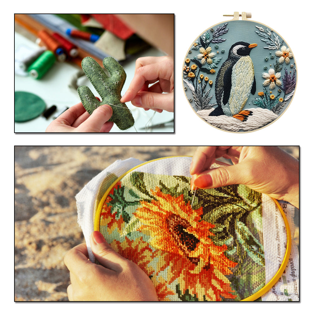 Penguin - DIY Embroidery Cross Stitch Kit with Pattern Cotton Threads Needles Hoop 30x30CM/11.81x11.81in